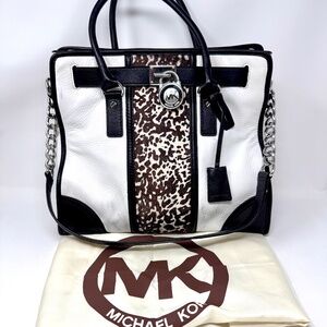 Michael Kors Hamilton Calf Hair Center Stripe White/Black Large Tote Bag